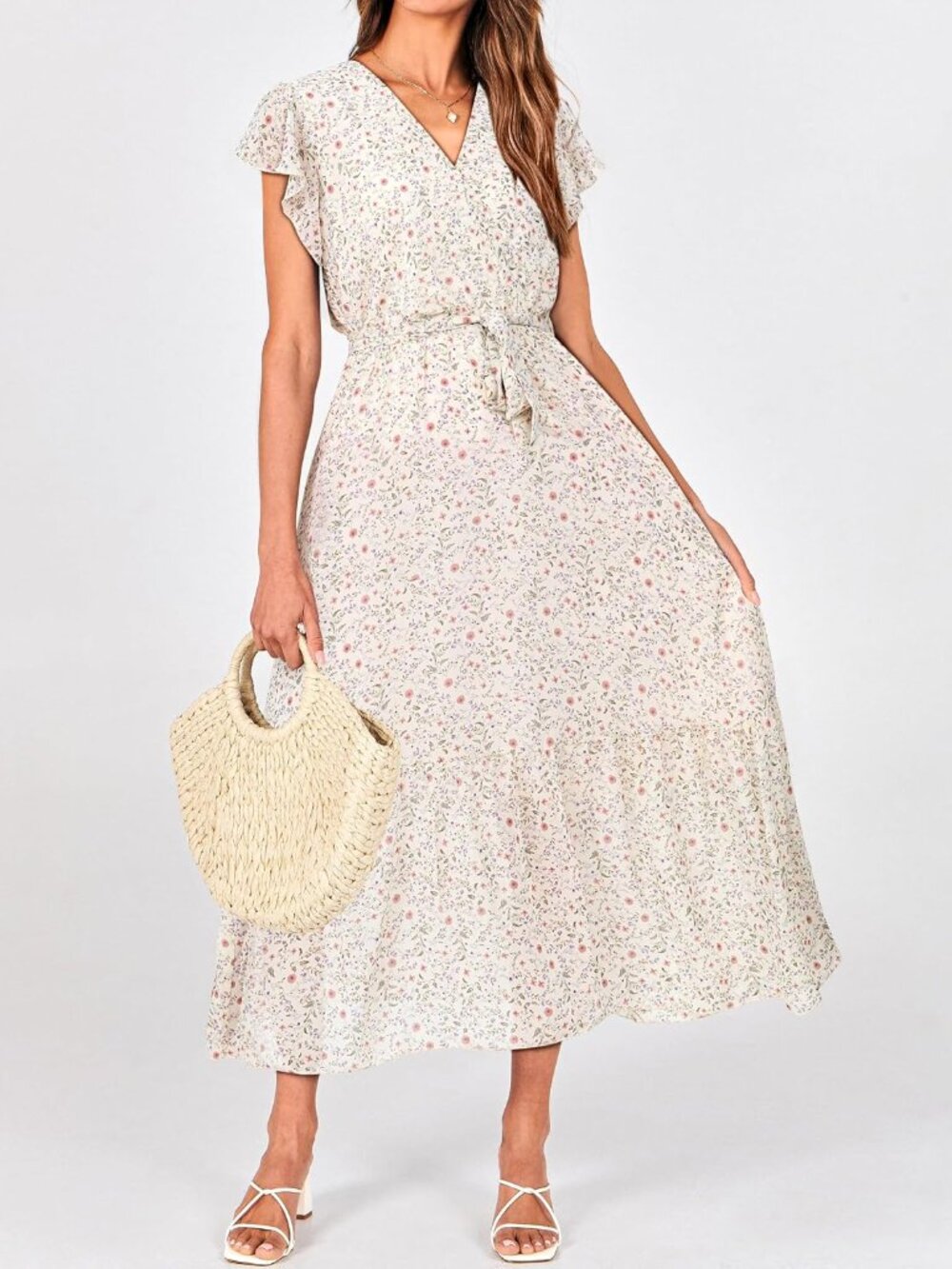Women Summer Bohemian Floral Casual Wrap V Neck Ruffle Cap Sleeveless Belt A-Lin - Picture 4 of 7